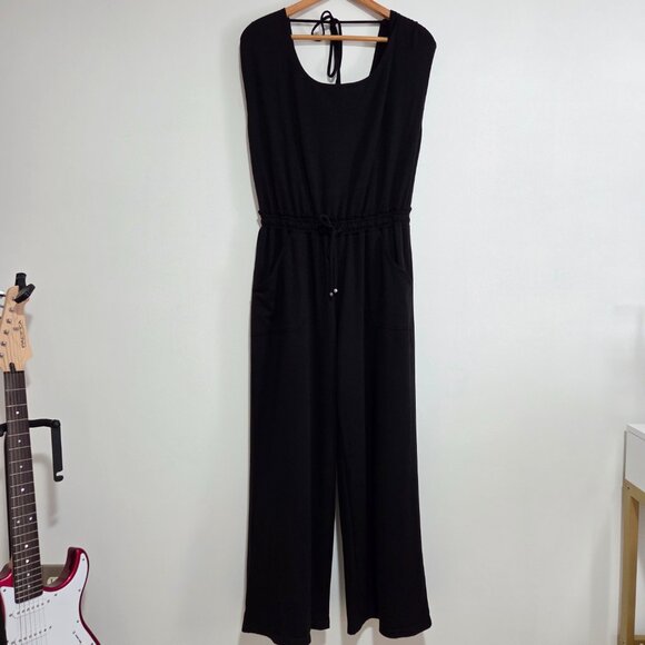 EUC MAX STUDIO BLACK DOUBLE SCOOP NECK MUSCLE SLEEVE STYLE JUMPSUIT SIZE M - Picture 1 of 16